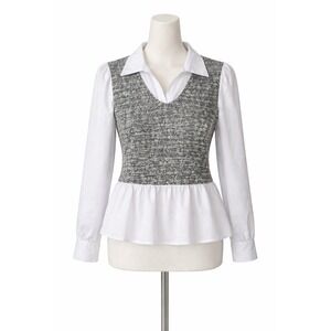Calvin Klein Womens Tweed Peplum Top White Black Mixed Media Blouse Large
